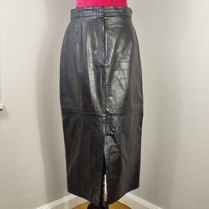 Vintage 80s High Waisted Black Leather Midi Maxi Slit Skirt G-III Sz 11/12